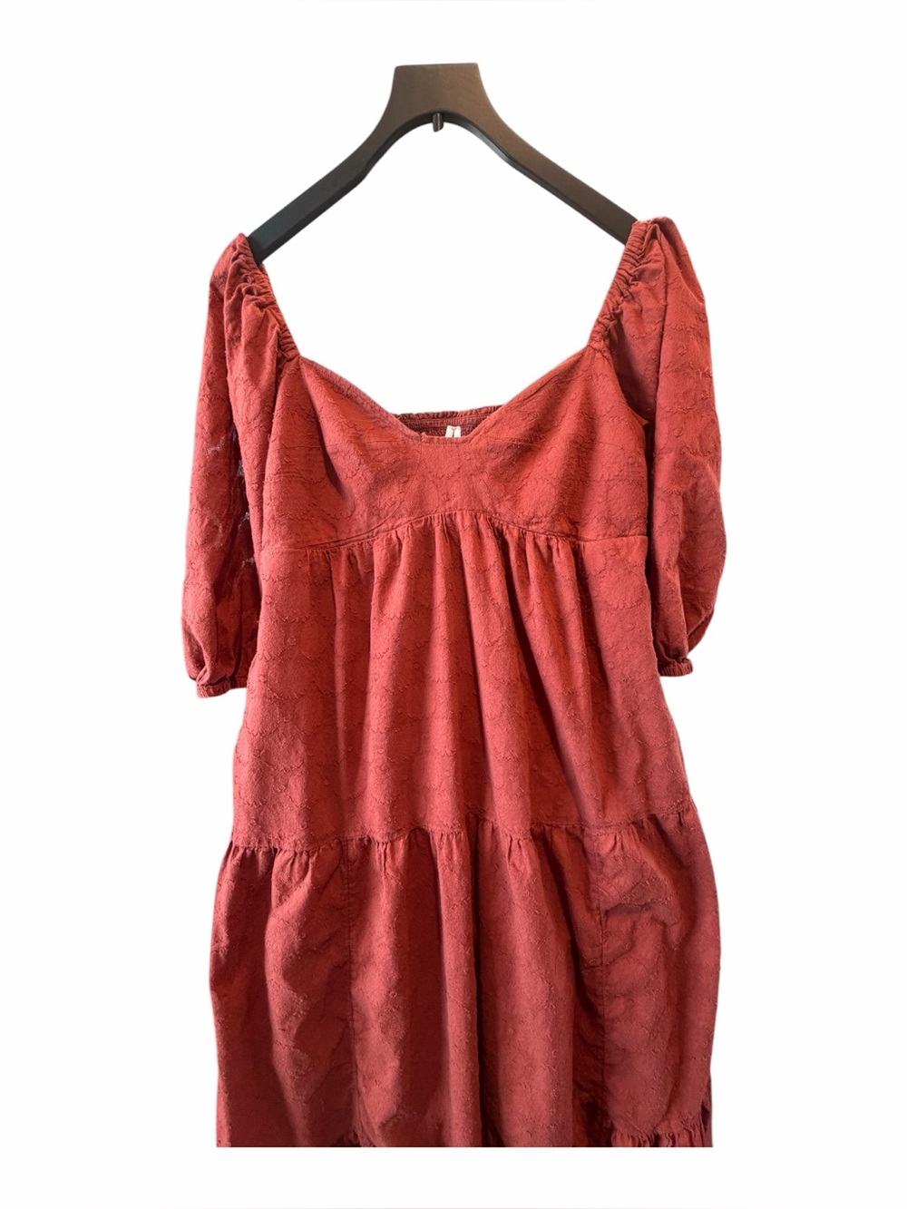Anthropologie Smocked Puff‎ Sleeve Tiered Midi Dress Rust Terracotta M